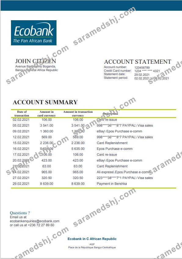 Central African Republic Ecobank bank statement template in Word and PDF format
